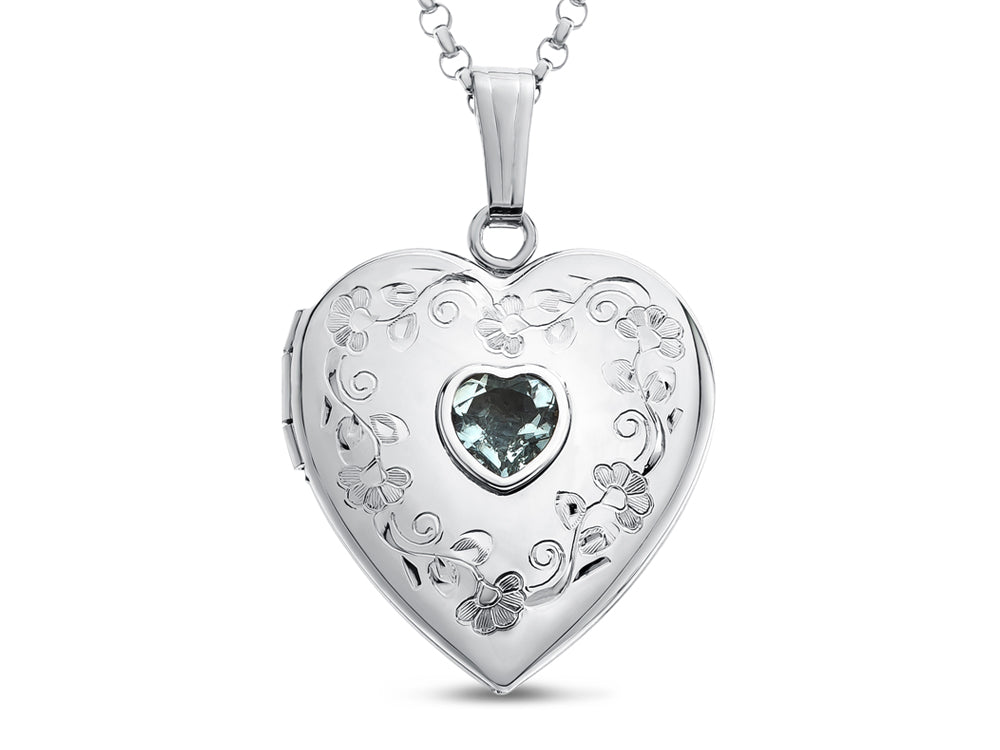 FJC Finejewelers Sterling Silver Heart Locket Pendant Necklace with Genuine Aquamarine March Birthstone