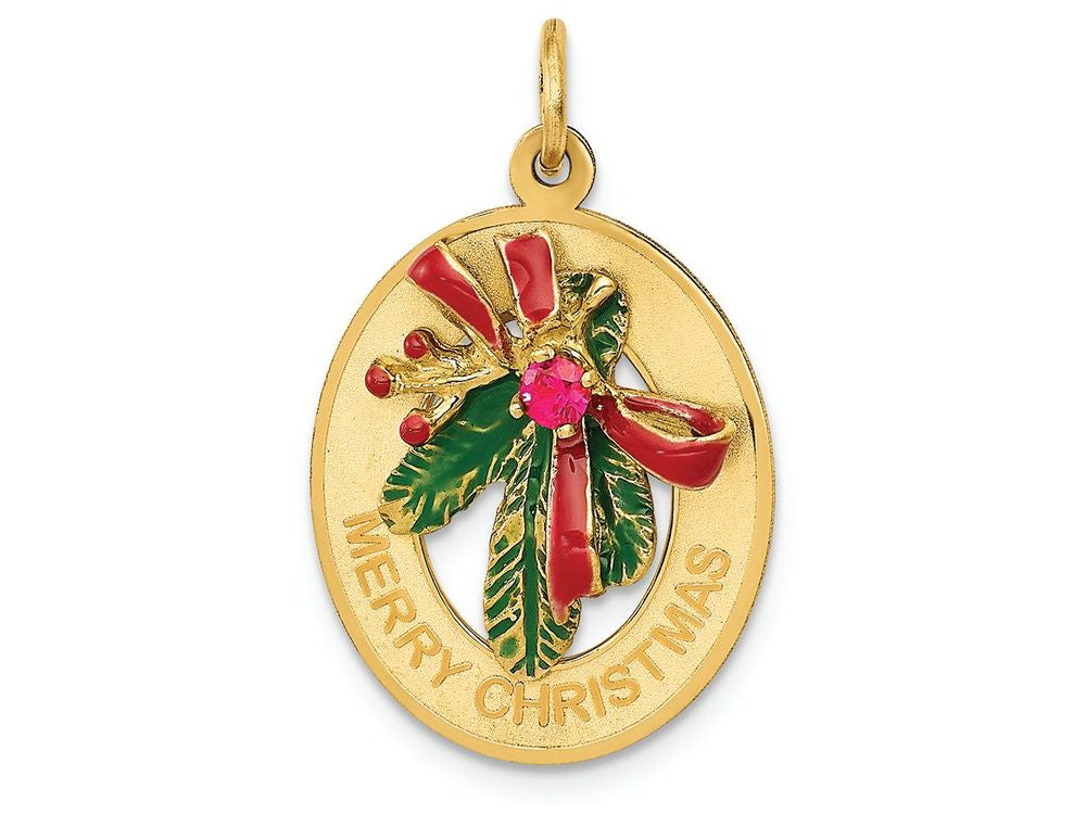 FJC Finejewelers 14k Yellow Gold Enameled Mistletoe with Synthetic Stone Charm