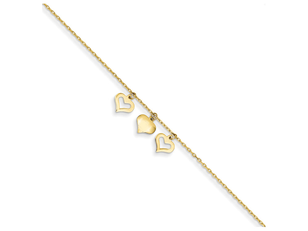 FJC Finejewelers 10 Inch 14k Yellow Gold 3 Hearts W/1 Inch Extension Anklet