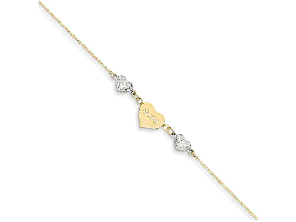 FJC Finejewelers 9 Inch 14 kt Two Tone Gold Ropa bright-cut Beads/puff Heart Mom W/ 1in Ext Anklet