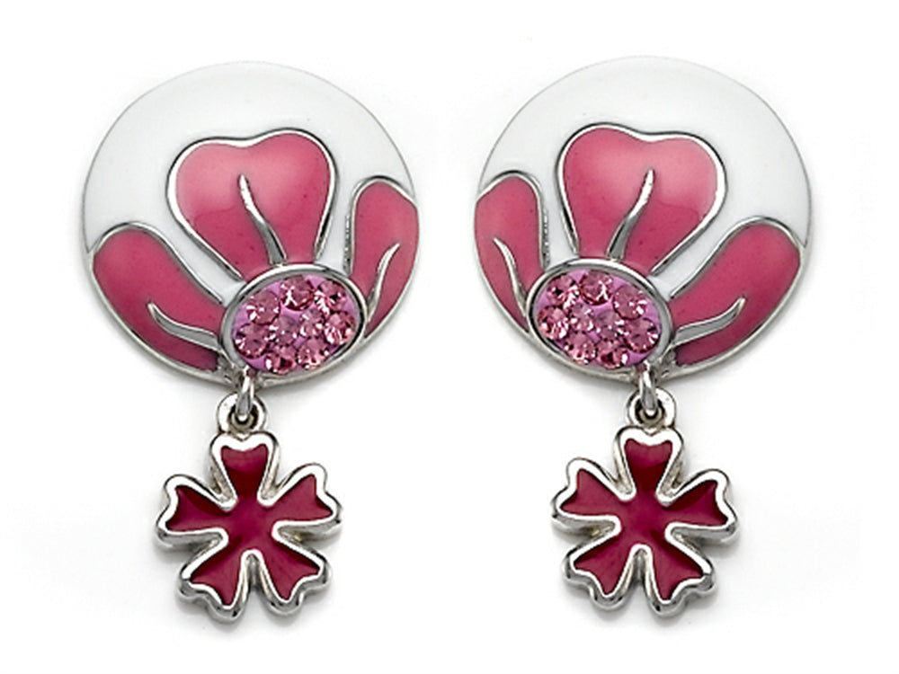 Finejewelers Pink and White Enamel Sterling Silver Earrings with Pink CZ's and a Dangling Clover Charm