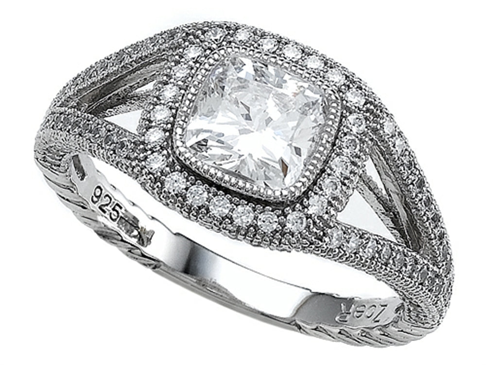 Zoe R™ 925 Sterling Silver Micro Pave Hand Set Cubic Zirconia (CZ) Halo Cushion-Cut Engagement Ring