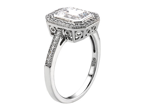 Zoe R™ 925 Sterling Silver Micro Pave Hand Set Cubic Zirconia (CZ) Halo Emerald Cut Center Engagement Ring