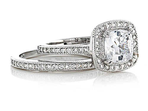 Zoe R™ 925 Sterling Silver Micro Pave Hand Set Cubic Zirconia Halo 6mm Cushion-Cut Center Ring Wedding Set