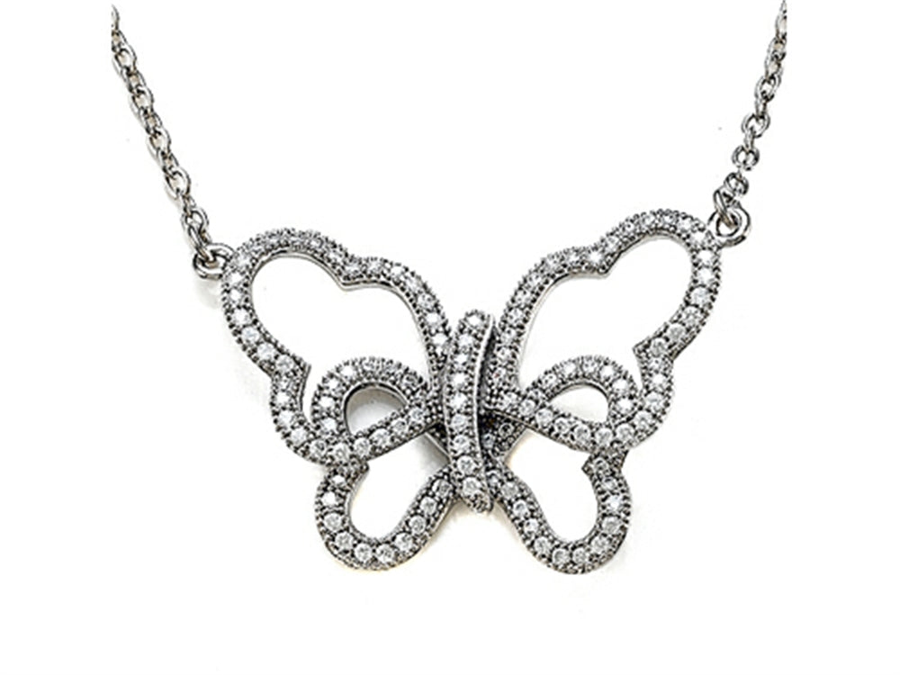 Zoe R™ Sterling Silver Micro Pave Hand Set Cubic Zirconia (CZ) Butterfly Pendant Necklace