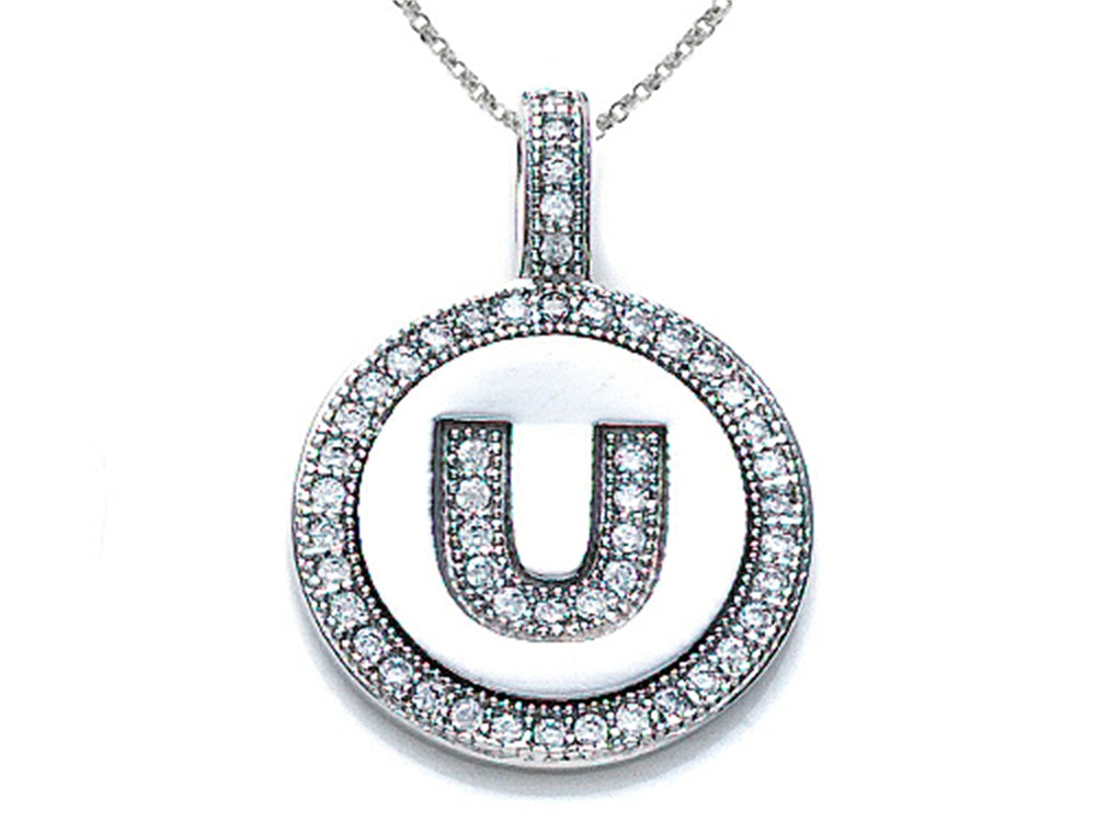 Zoe R™ Sterling Silver Micro Pave Hand Set Cubic Zirconia (CZ) Letter U Initial Disc Pendant Necklace
