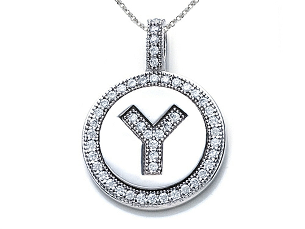 Zoe R™ Sterling Silver Micro Pave Hand Set Cubic Zirconia (CZ) Letter Y Initial Disc Pendant Necklace