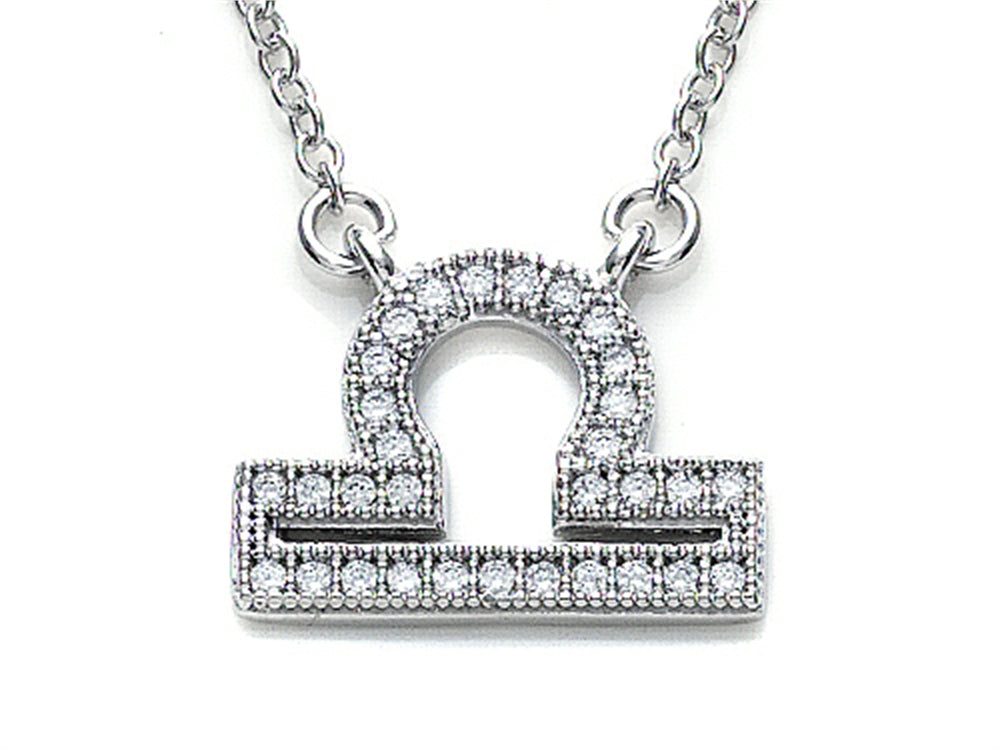 Zoe R™ Sterling Silver Micro Pave Hand Set Cubic Zirconia (CZ) Libra Zodiac Pendant Necklace On 18 Inch Adjustable Chain