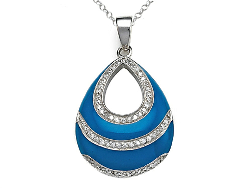 Finejewelers Blue Enamel Sterling Silver Pendant Necklace with White CZ's