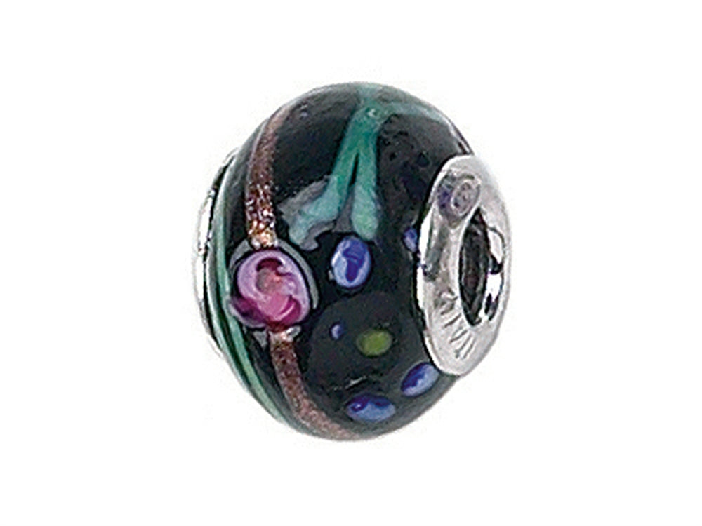 Zable™ Sterling Silver Black with Flowers/Multicolor Murano Glass Bead / Charm