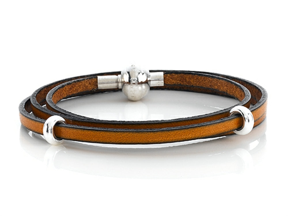 Zable™ 22 inches Sterling Silver Tan Leather Wrap Bracelet with Magnetic Clasp and 2 Stop Beads