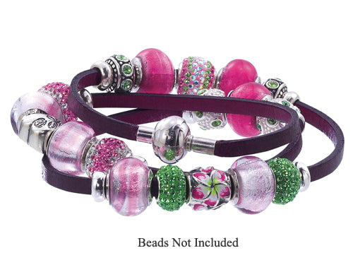 Zable™ 22 inches Sterling Silver Pink Leather Wrap Bracelet with Clasp and Smart Bead / Char
