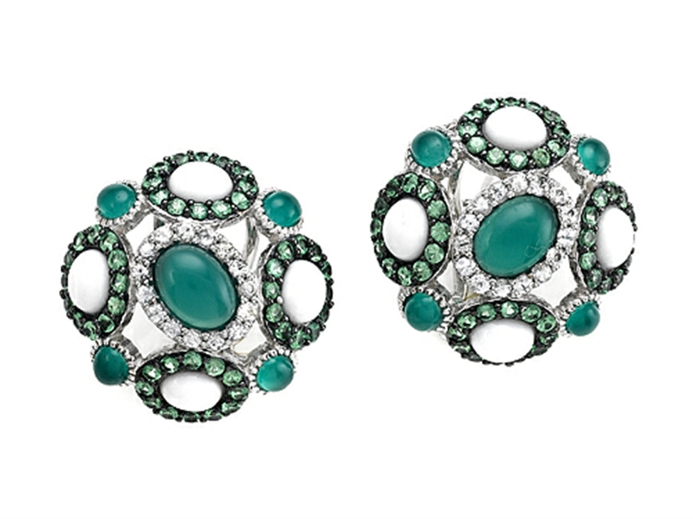Carlo Viani® 925 Sterling Silver Silver Earrings, Mix of White Sapphire, Tsavorite, White Agate, and Onyx