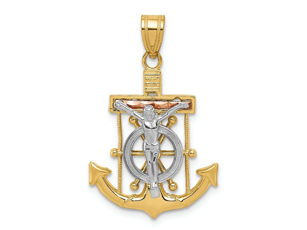 FJC Finejewelers 14 Kt Tri Color Gold Bright Cut with Textured Mariner's Cross Charm