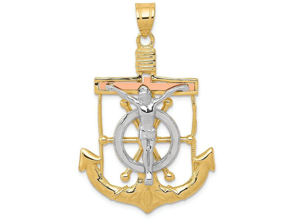 FJC Finejewelers 14 Kt Tri Color Gold Bright Cut with Textured Mariner's Cross Charm
