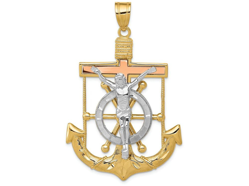 FJC Finejewelers 14 Kt Tri Color Gold Bright Cut with Textured Mariner's Cross Charm