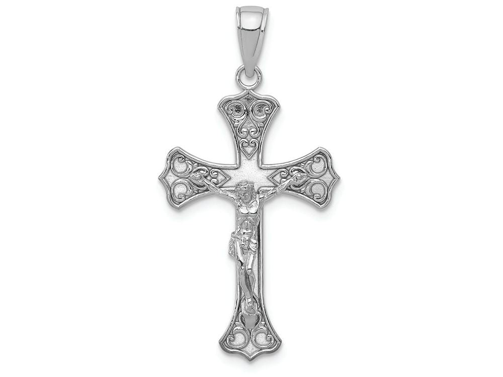FJC Finejewelers 14k White Gold White Crucifix with Engraved Hearts Scroll Tips Charm