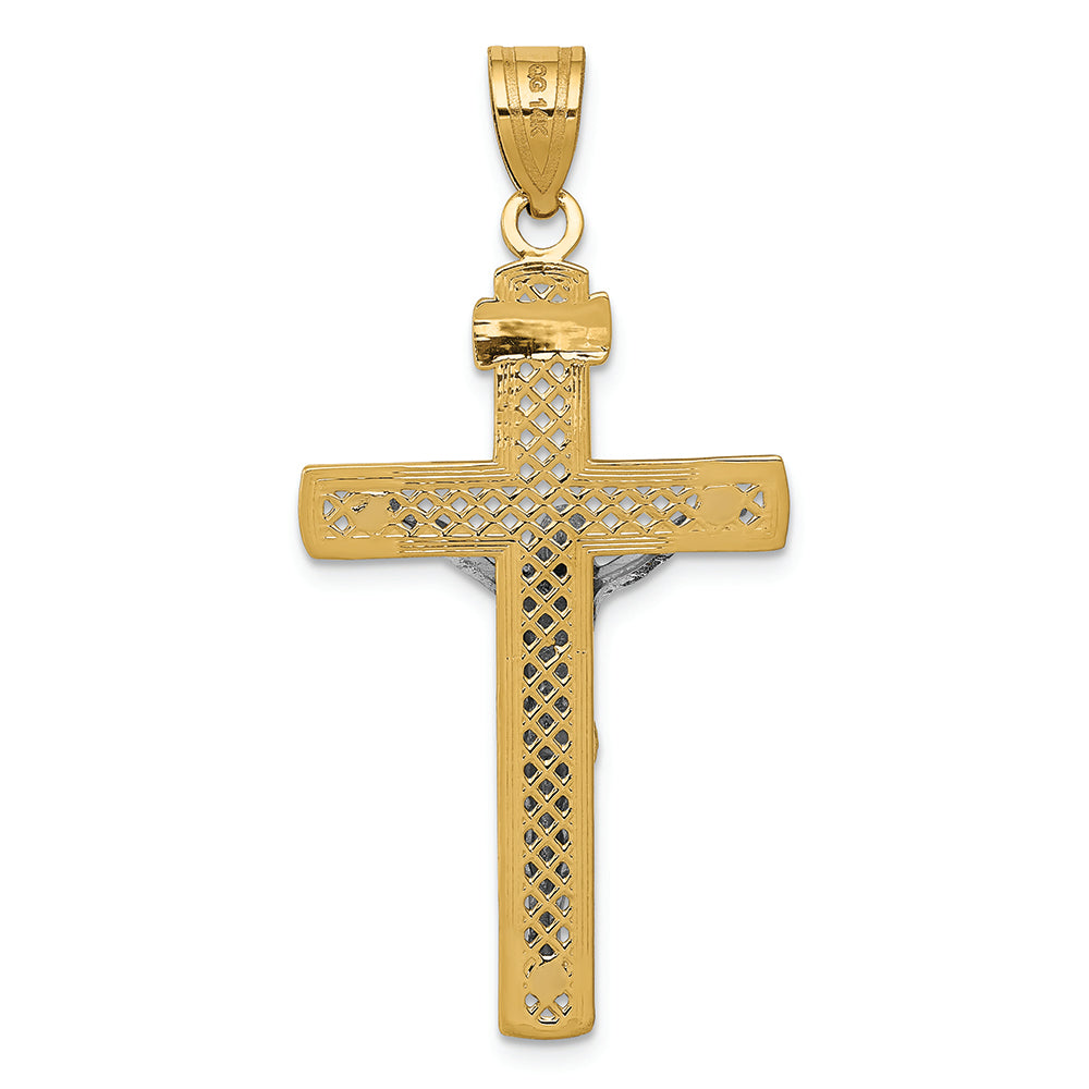 FJC Finejewelers 14k Two-tone Gold Bright Cut Large Block Lattice Cross with Crucifix Charm