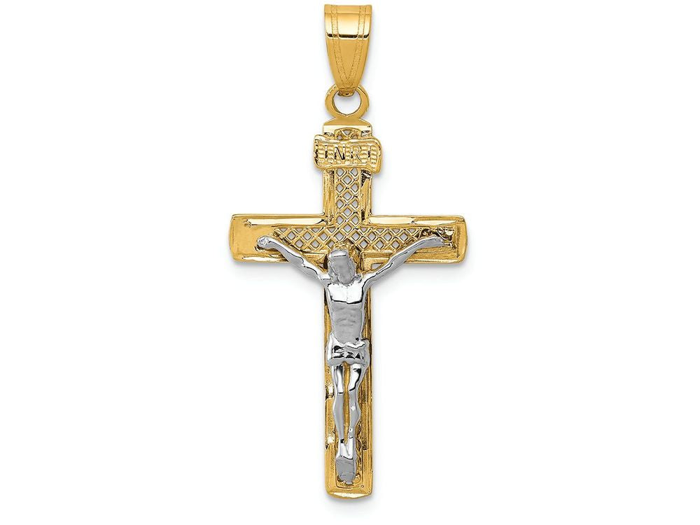 FJC Finejewelers 14k Two-tone Gold Bright Cut Medium Block Lattice Cross with Crucifix Charm