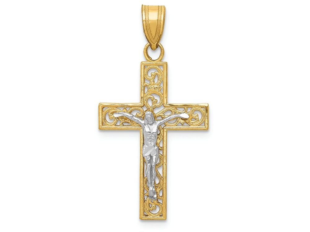 FJC Finejewelers 14k Two-tone Gold Bright Cut Small Block Filigree Cross with Crucifix Charm