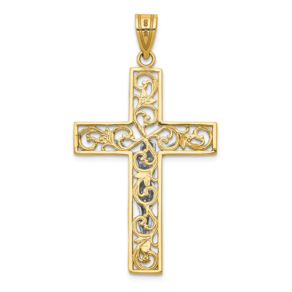 FJC Finejewelers 14k Two-tone Gold Bright Cut Large Block Filigree Cross with Crucifix Charm