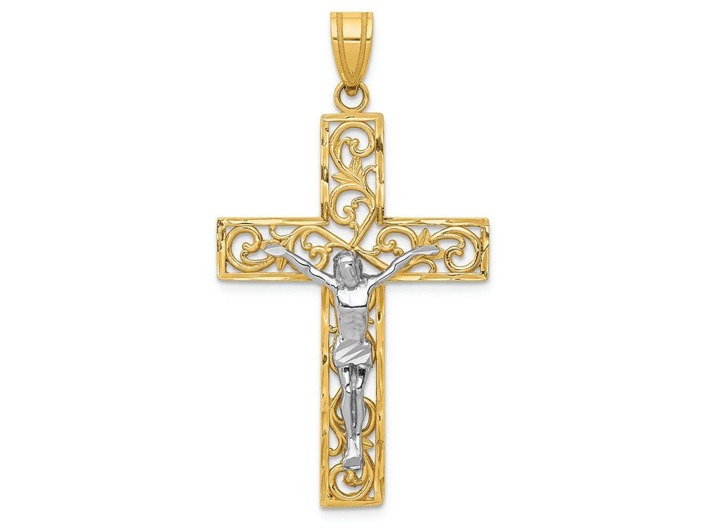 FJC Finejewelers 14k Two-tone Gold Bright Cut Large Block Filigree Cross with Crucifix Charm