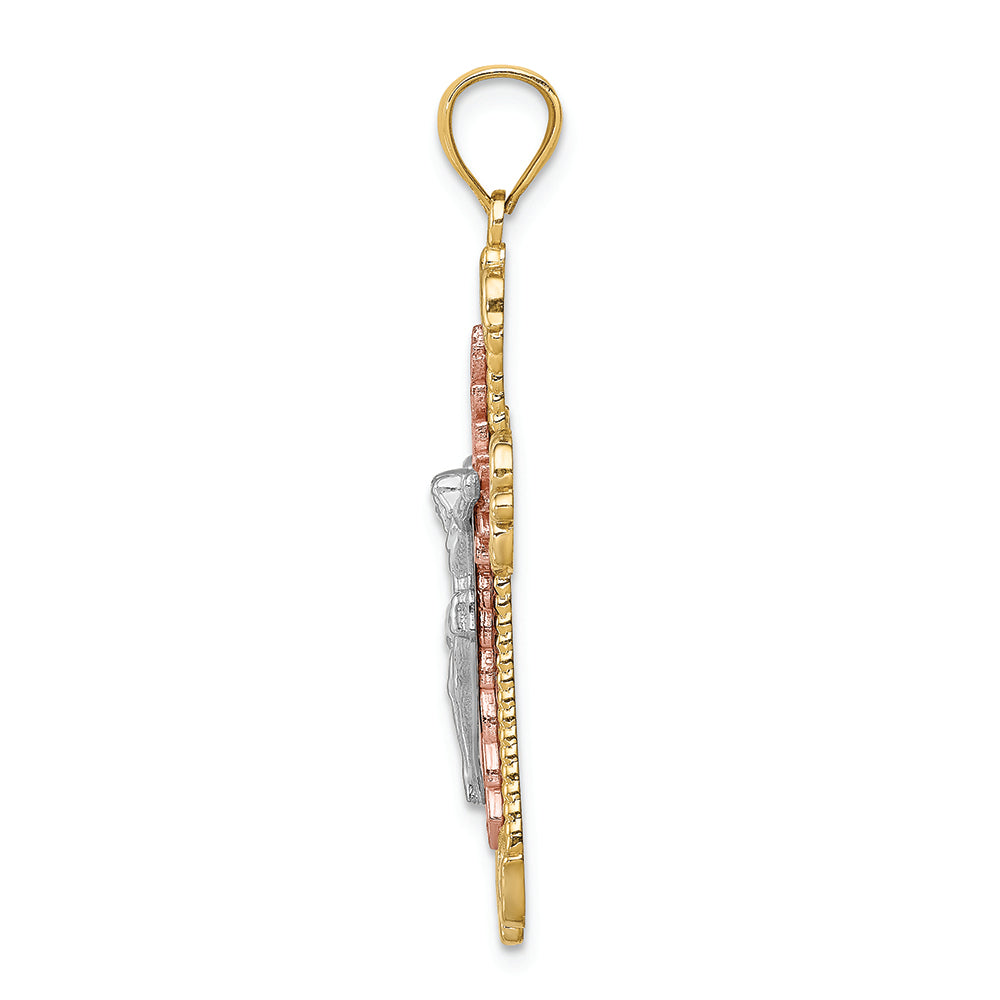 FJC Finejewelers 14 Kt Tri Color Gold Bright Cut White with Rhodium Crucifix Charm