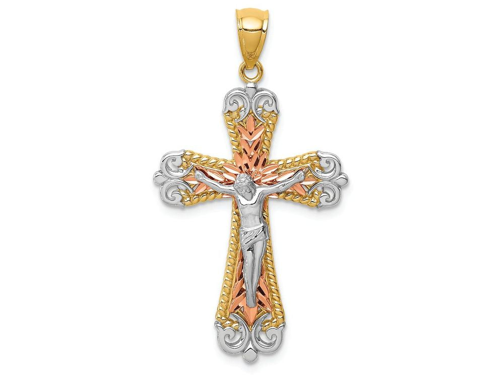 FJC Finejewelers 14 Kt Tri Color Gold Bright Cut White with Rhodium Crucifix Charm
