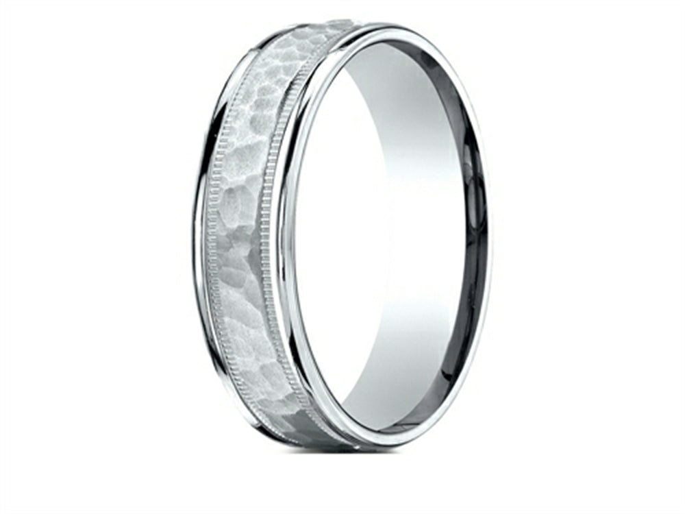 Benchmark® 18 Karat Gold 6mm Comfort-fit Hammered Center High Polish Round Edge Carved Design Wedding Band Ring