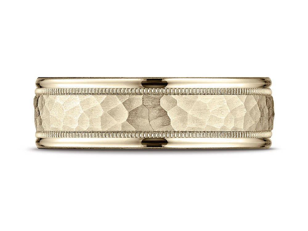 Benchmark® 14k Gold 7mm Comfort-fit Hammered Center High Polish Round Edge Carved Design Wedding Band Ring