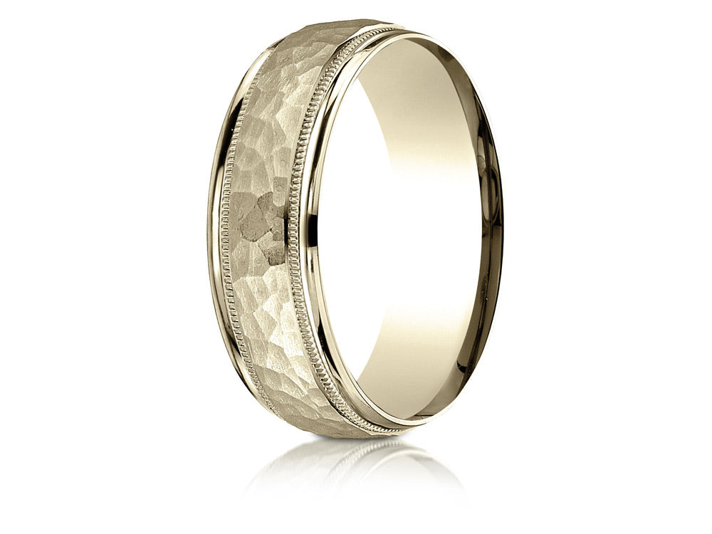 Benchmark® 14k Gold 7mm Comfort-fit Hammered Center High Polish Round Edge Carved Design Wedding Band Ring