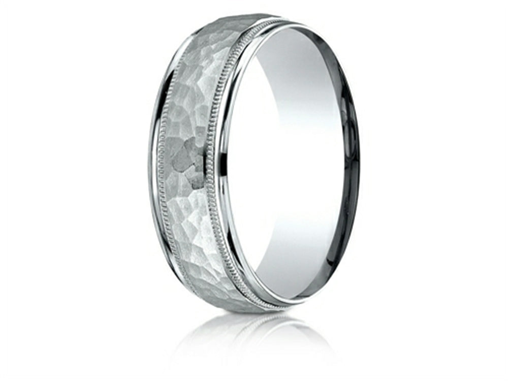 Benchmark® 14k Gold 7mm Comfort-fit Hammered Center High Polish Round Edge Carved Design Wedding Band Ring