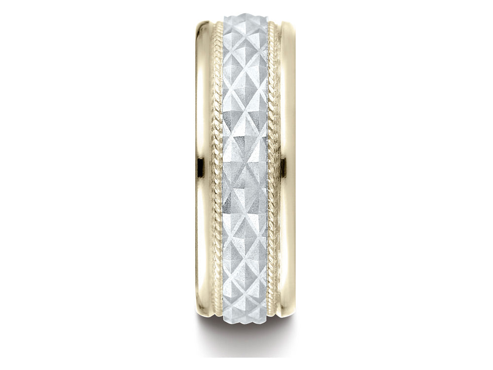Benchmark® 14 kt Two Tone Gold 8mm Comfort Fit Round Edge Cross Hatch Patterned Wedding Band Ring