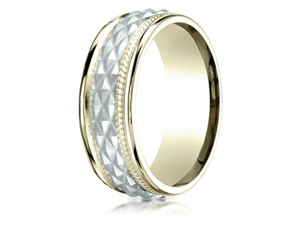 Benchmark® 14 kt Two Tone Gold 8mm Comfort Fit Round Edge Cross Hatch Patterned Wedding Band Ring