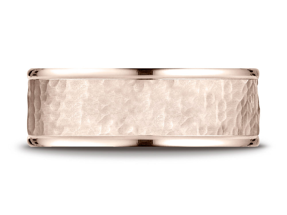 Benchmark® 14k Rose Gold Comfort Fit 8mm High Polish Edge Hammered Center Design Wedding Band Ring