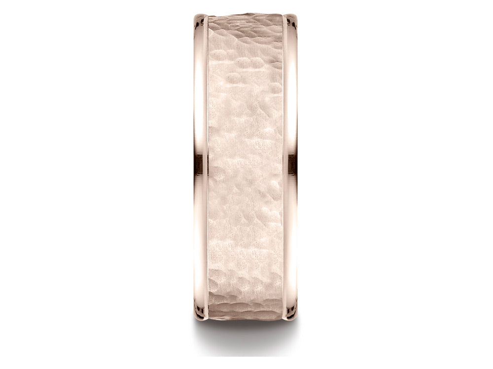 Benchmark® 14k Rose Gold Comfort Fit 8mm High Polish Edge Hammered Center Design Wedding Band Ring