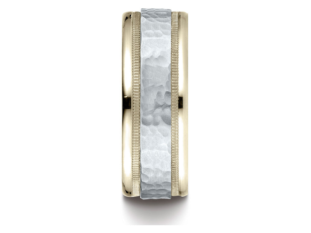 Benchmark® 14 kt Two Tone Goldd 8mm Comfort-fit Hammered-finished With Milgrain Carved Design Wedding Band Ring