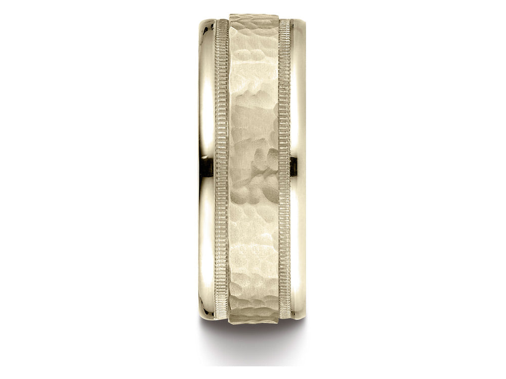 Benchmark® 14k Gold 8mm Comfort-fit Hammered Center High Polish Round Edge Carved Design Wedding Band Ring