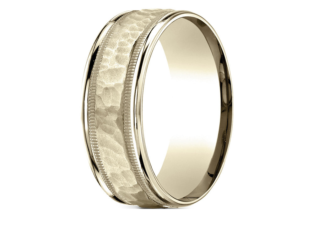 Benchmark® 14k Gold 8mm Comfort-fit Hammered Center High Polish Round Edge Carved Design Wedding Band Ring