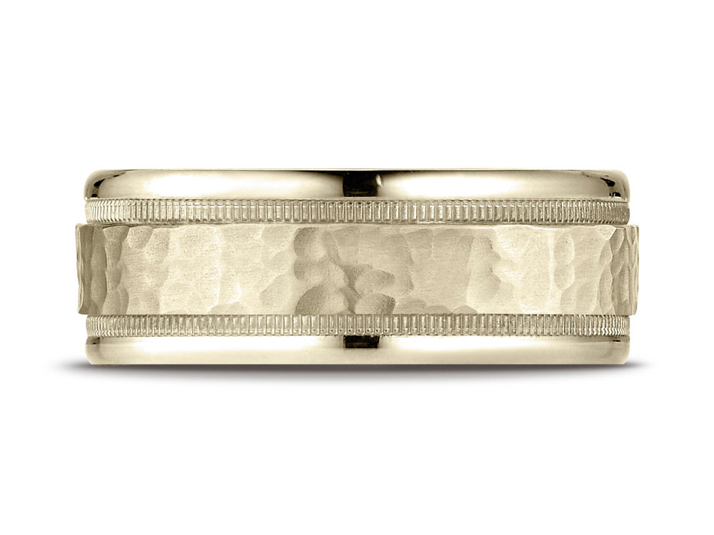 Benchmark® 18 Karat Gold 8mm Comfort-fit Hammered Center High Polish Round Edge Carved Design Wedding Band Ring