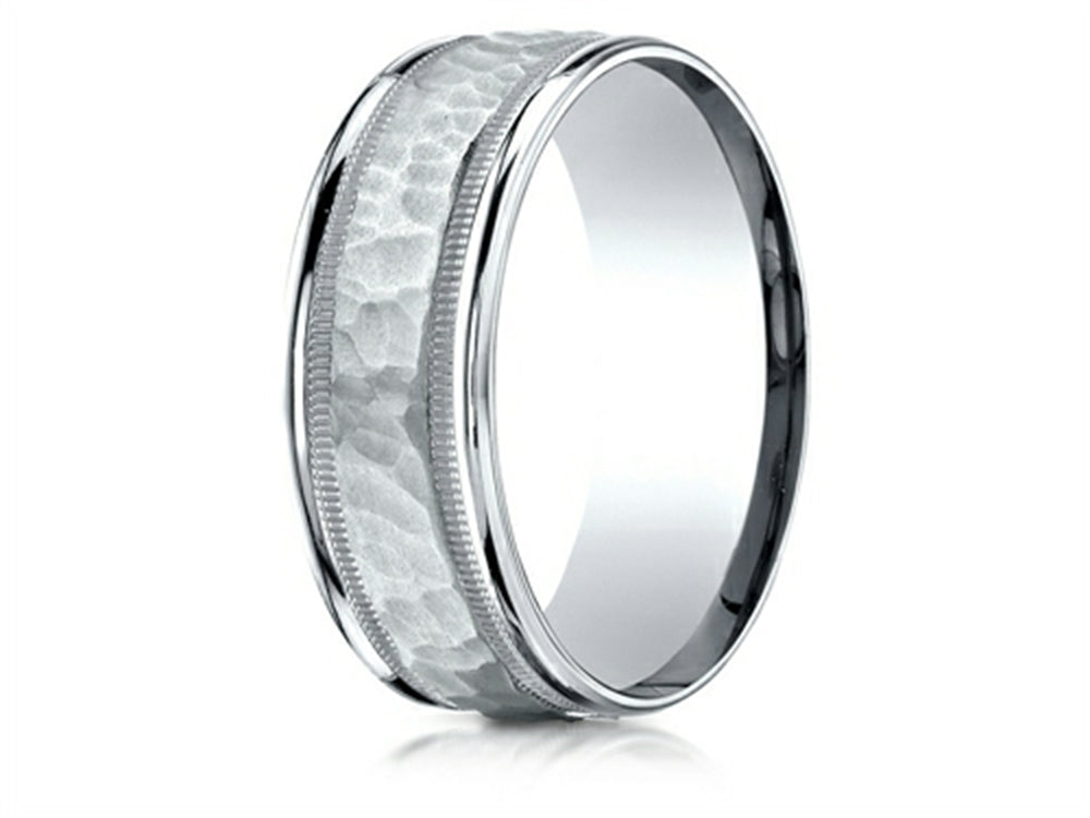 Benchmark® 18 Karat Gold 8mm Comfort-fit Hammered Center High Polish Round Edge Carved Design Wedding Band Ring