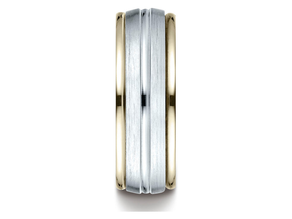 Benchmark® 14 kt Two Tone Goldd 8mm Comfort-fit High Polished Center Cut Carved Design Wedding Band Ring