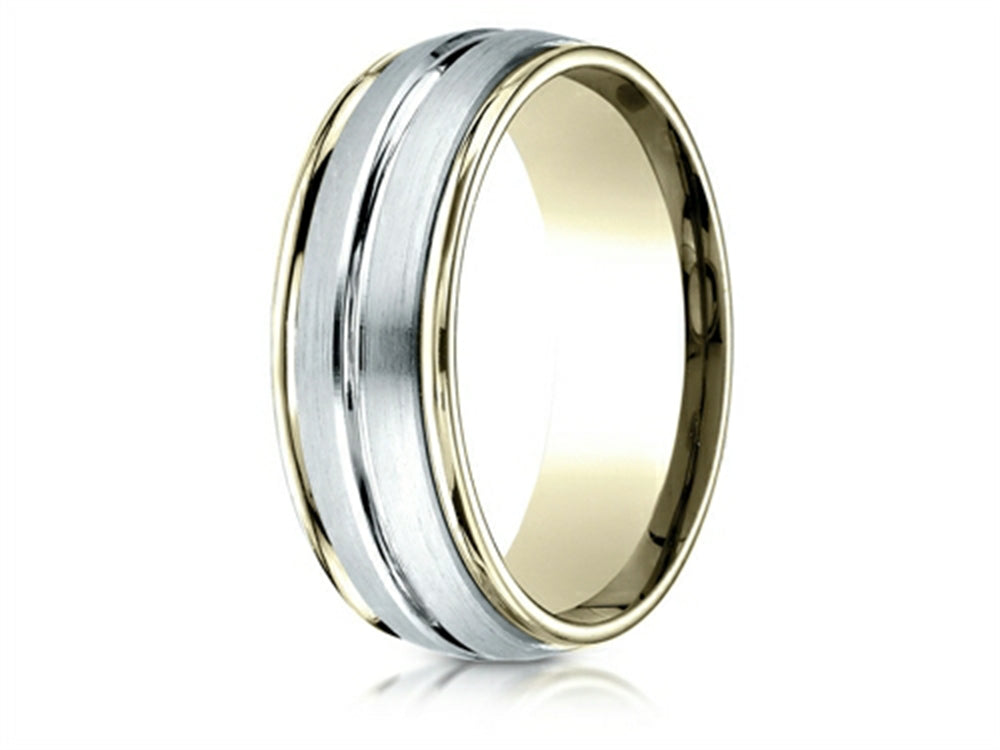 Benchmark® 14 kt Two Tone Goldd 8mm Comfort-fit High Polished Center Cut Carved Design Wedding Band Ring