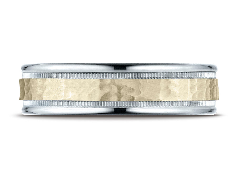 Benchmark® 14 kt Two Tone Goldd 6mm Comfort-fit Hammered-finished With Milgrain Carved Design Wedding Band Ring
