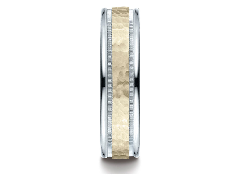 Benchmark® 14 kt Two Tone Goldd 6mm Comfort-fit Hammered-finished With Milgrain Carved Design Wedding Band Ring