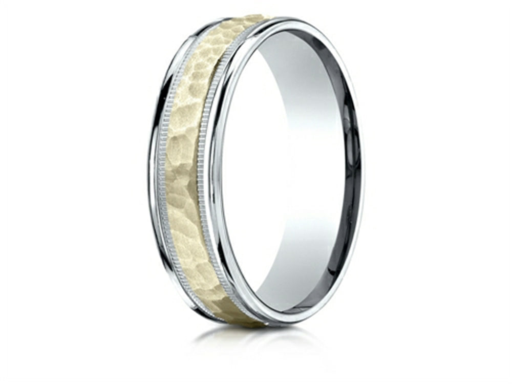 Benchmark® 14 kt Two Tone Goldd 6mm Comfort-fit Hammered-finished With Milgrain Carved Design Wedding Band Ring