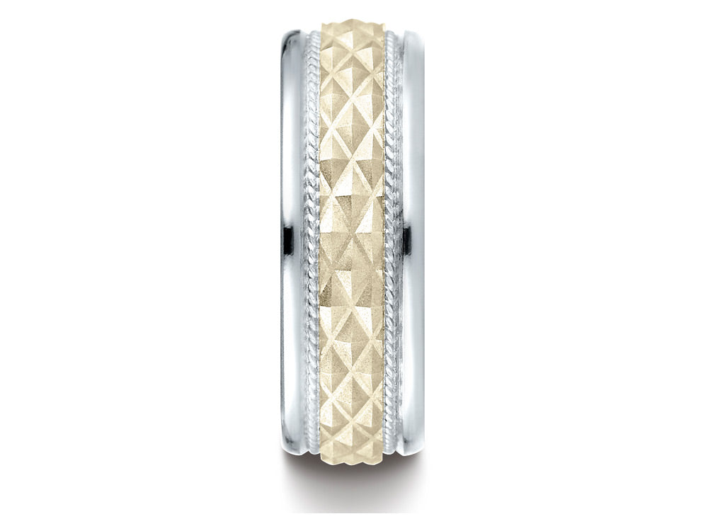Benchmark® 14 kt Two Tone Gold 8mm Comfort Fit Round Edge Cross Hatch Patterned Wedding Band Ring