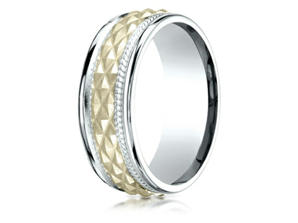 Benchmark® 14 kt Two Tone Gold 8mm Comfort Fit Round Edge Cross Hatch Patterned Wedding Band Ring