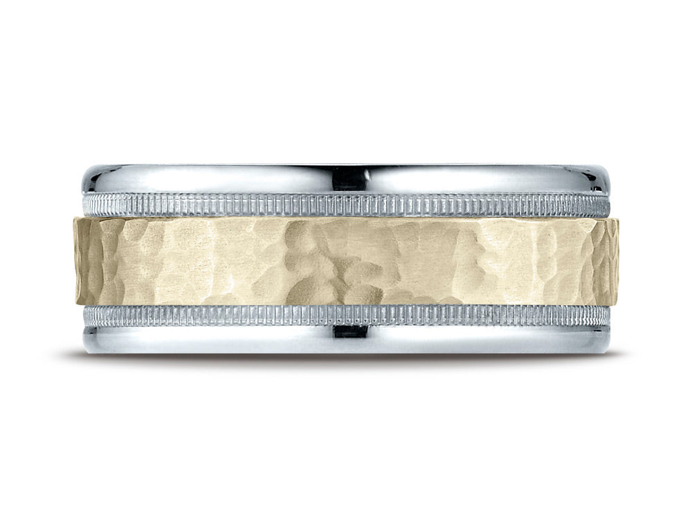 Benchmark® 14 kt Two Tone Goldd 8mm Comfort-fit Hammered-finished With Milgrain Carved Design Wedding Band Ring