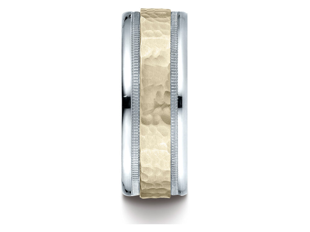 Benchmark® 14 kt Two Tone Goldd 8mm Comfort-fit Hammered-finished With Milgrain Carved Design Wedding Band Ring